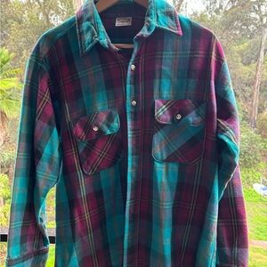 Five Brothers Union Made Flannel Shirt Teal/Pink USA Vtg Size Large